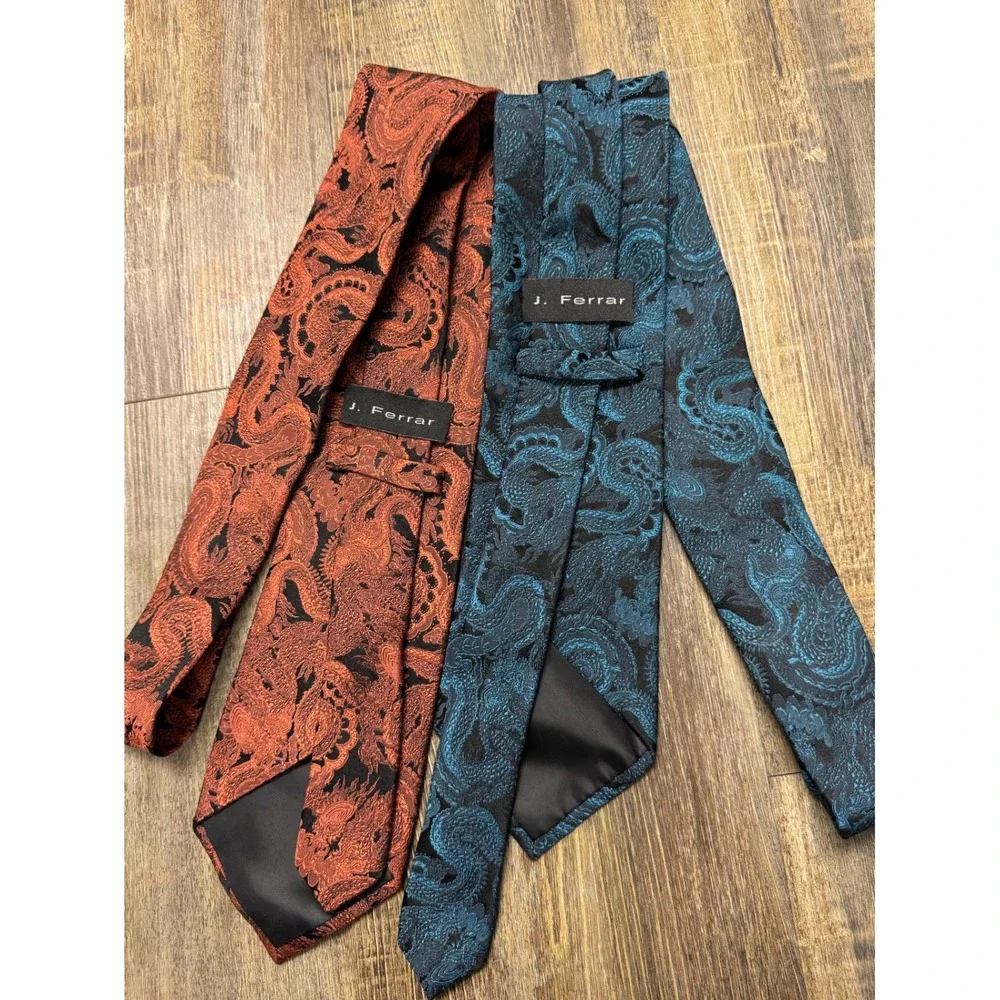 J. Ferrar Dragon Jacquard Necktie‎ Set Teal & Orange Woven Silk-Look Ties 2pc